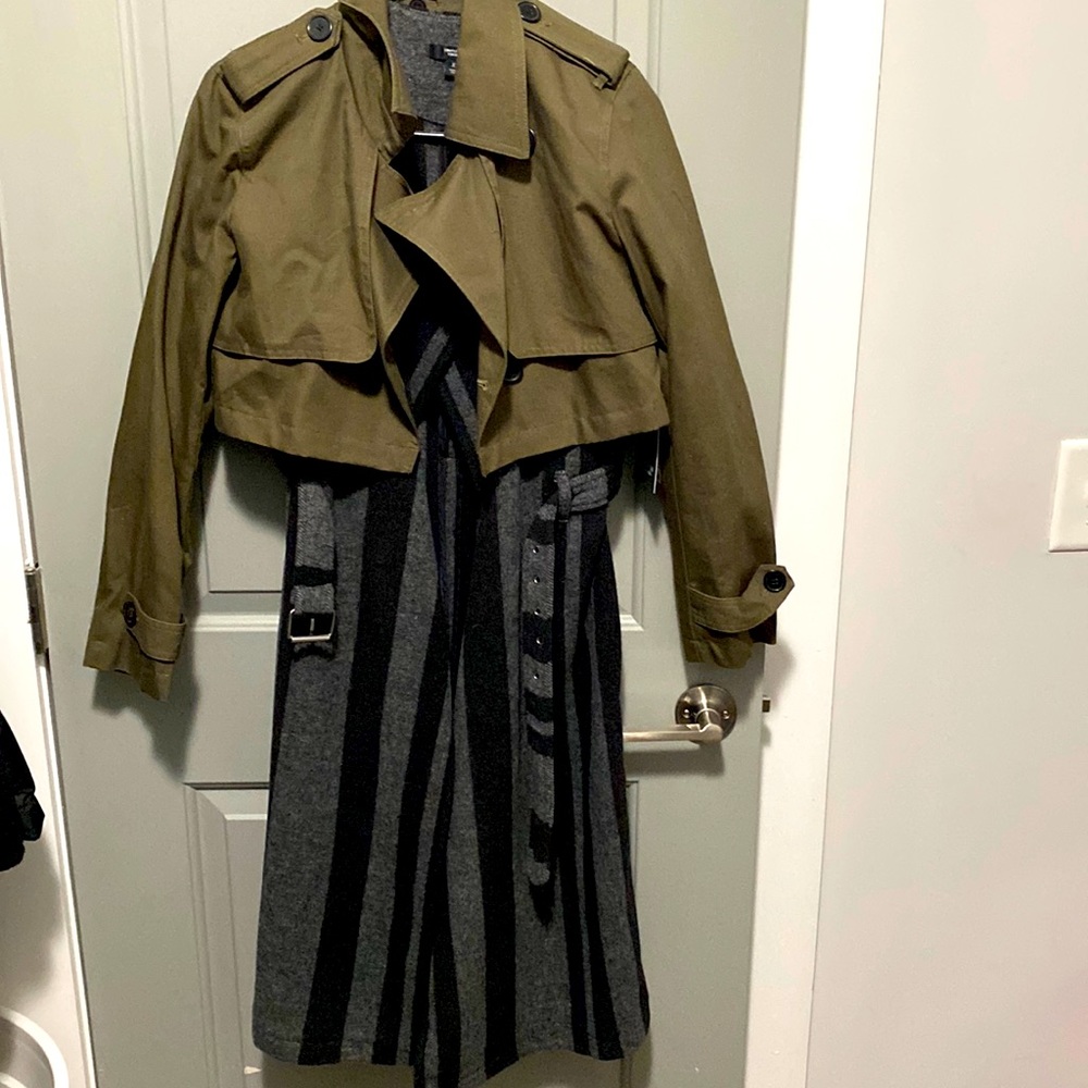 2 in 1 Vest/Jacket combo. Wear 3 ways. Army green short jacket. Gray/black vest.